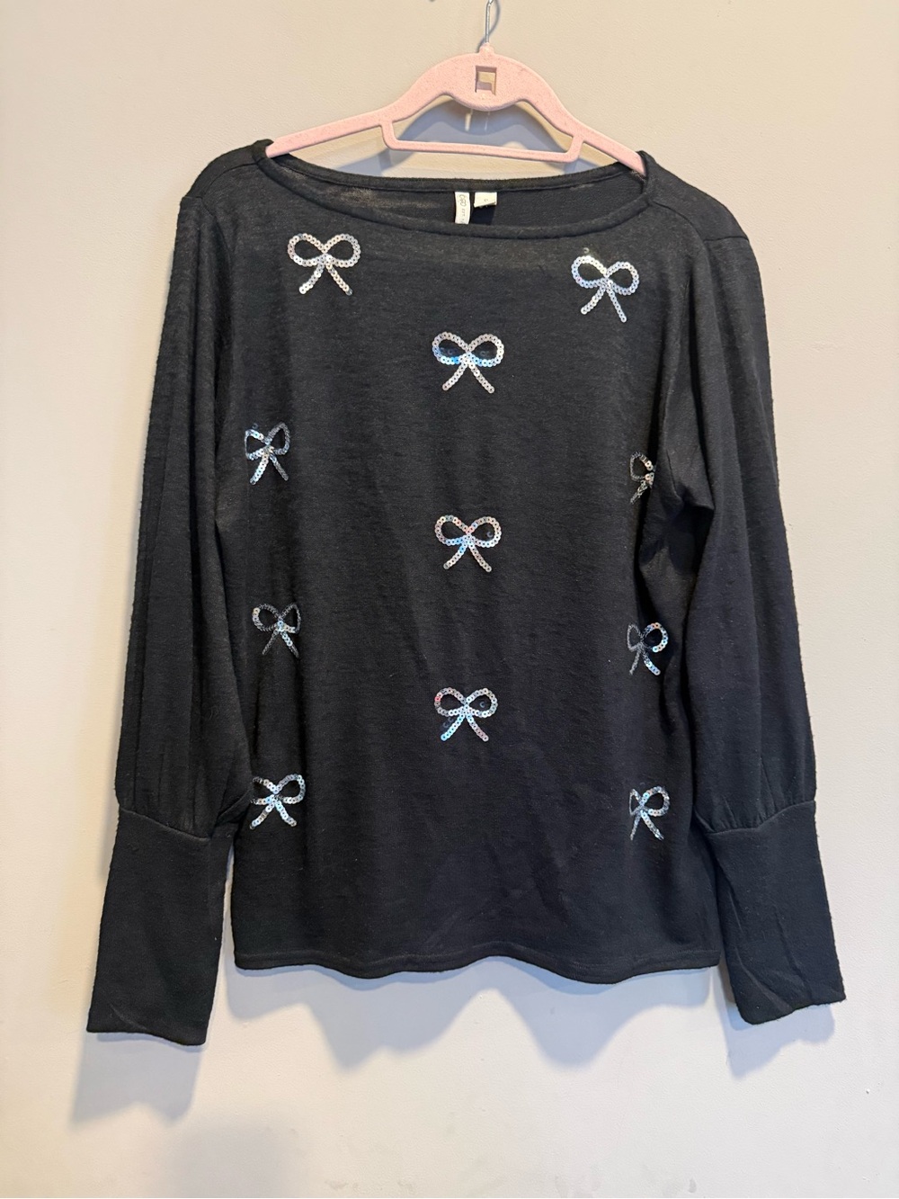 Cato Black Long Sleeve Top with Iridescent Sequin Bows
